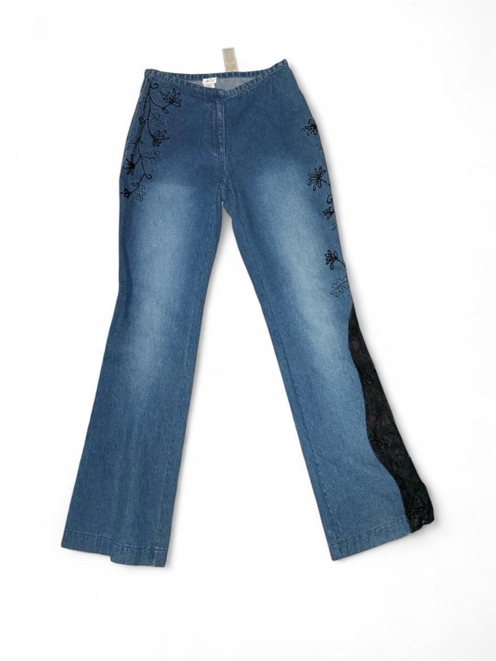 Cache Women’s Blue Embroidered Flared Jeans with Black Lace Panel beaded detail